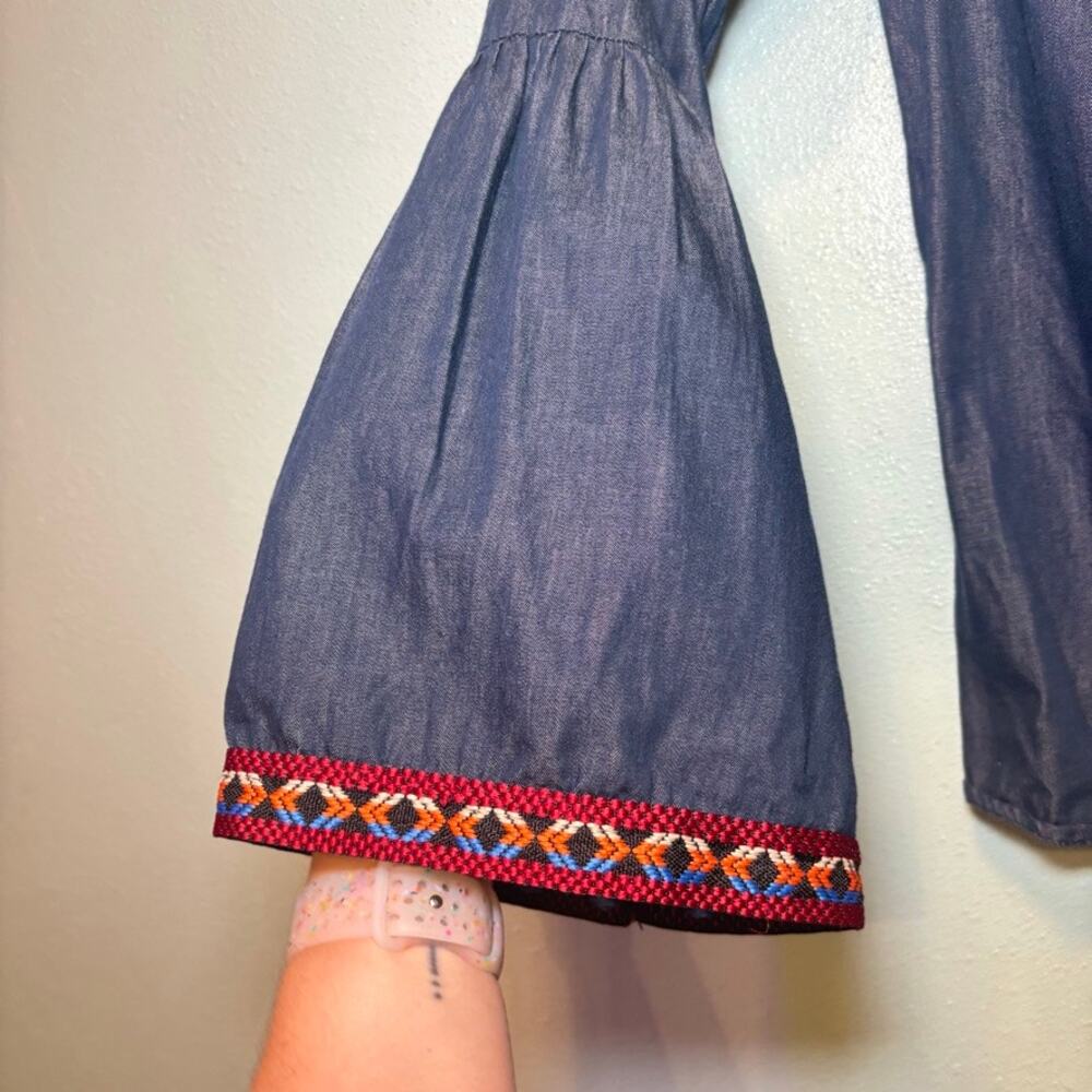 A'GACI Denim Off Shoulder Peasant Blouse Small Bell Sleeve Aztec Embroidery - Picture 2 of 9